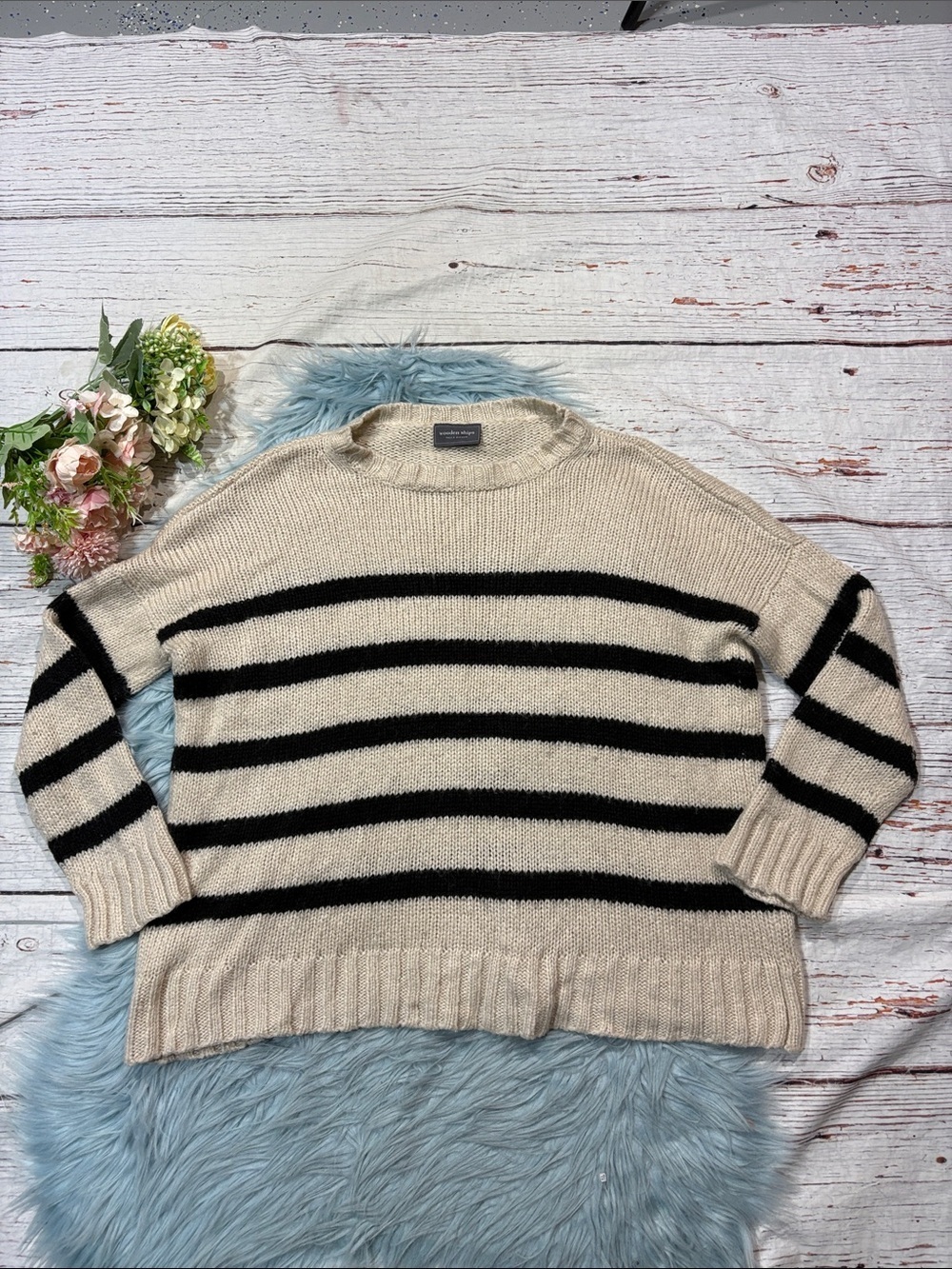 Wooden Ships Cream Black Striped Crewneck Mohair Wool Blend Sweater